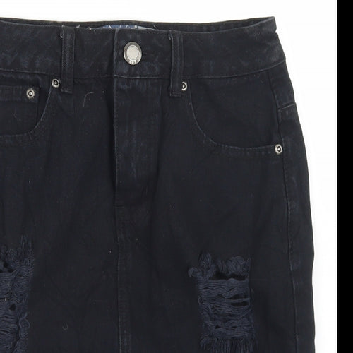 C&J Cosmic Womens Black  Cotton Straight & Pencil Skirt Size 8   Button - Distressed