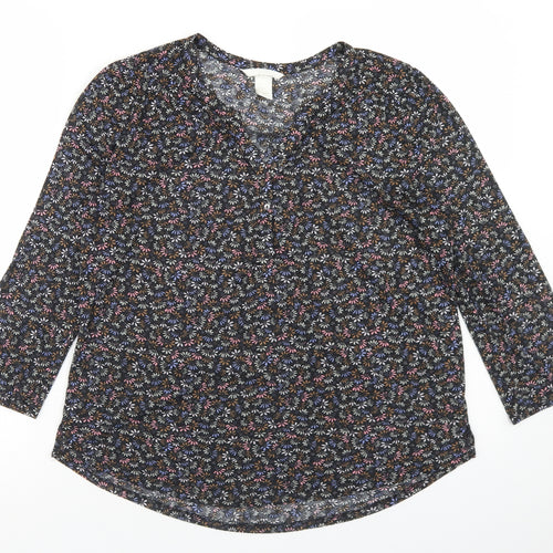 H&M Womens Black Floral Polyester Basic T-Shirt Size S Round Neck