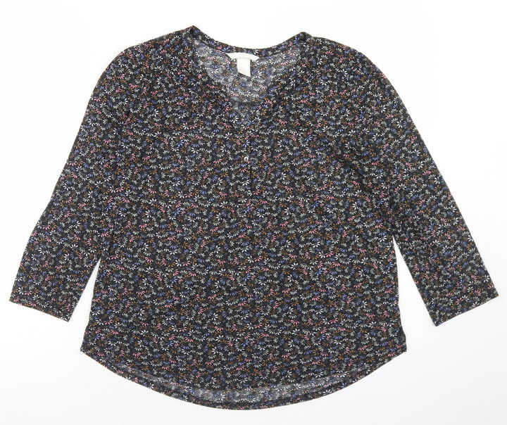 H&M Womens Black Floral Polyester Basic T-Shirt Size S Round Neck