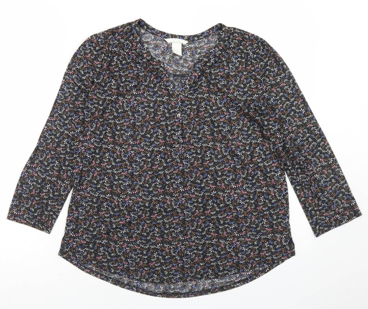 H&M Womens Black Floral Polyester Basic T-Shirt Size S Round Neck