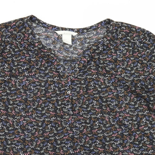 H&M Womens Black Floral Polyester Basic T-Shirt Size S Round Neck