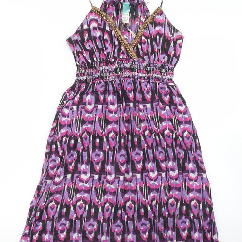Ocean Club Womens Purple Animal Print Cotton Skater Dress  Size 8  Round Neck