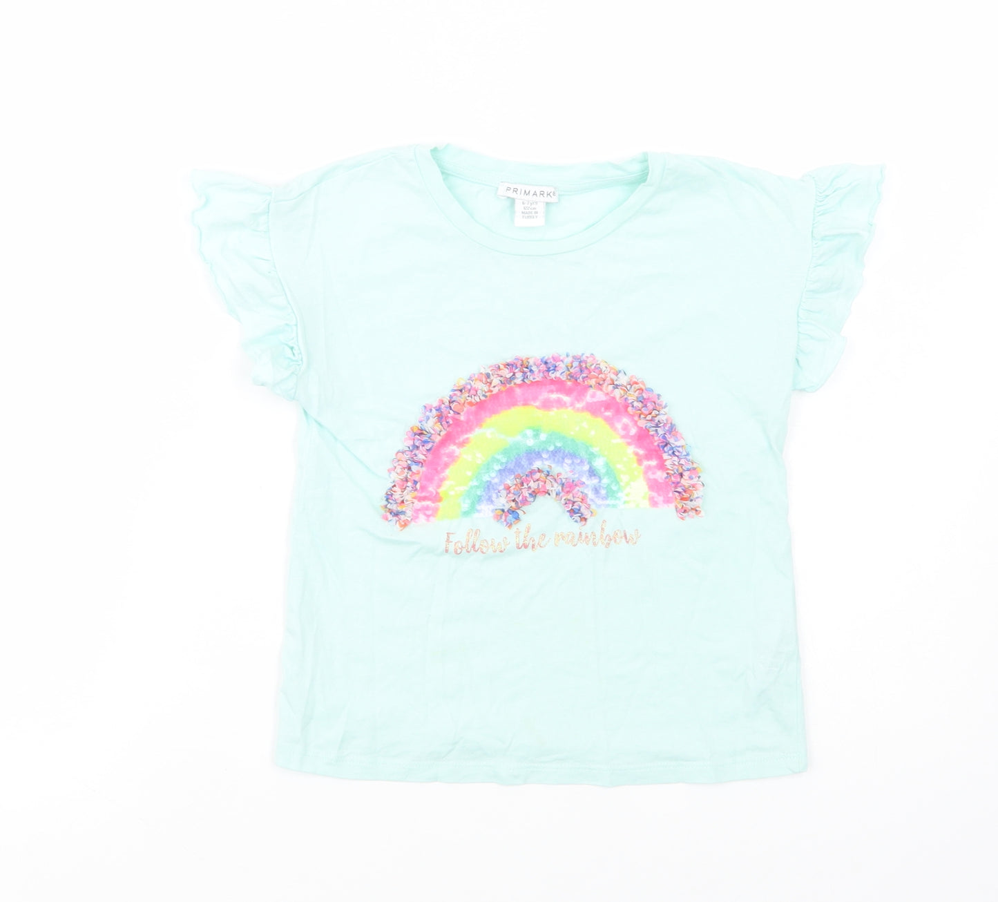 Primark Girls Green  Cotton Basic T-Shirt Size 6-7 Years Crew Neck Pullover - Rainbow
