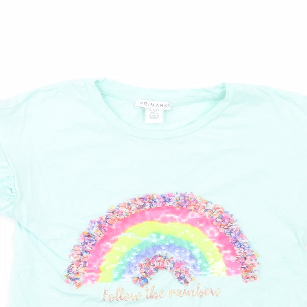 Primark Girls Green  Cotton Basic T-Shirt Size 6-7 Years Crew Neck Pullover - Rainbow