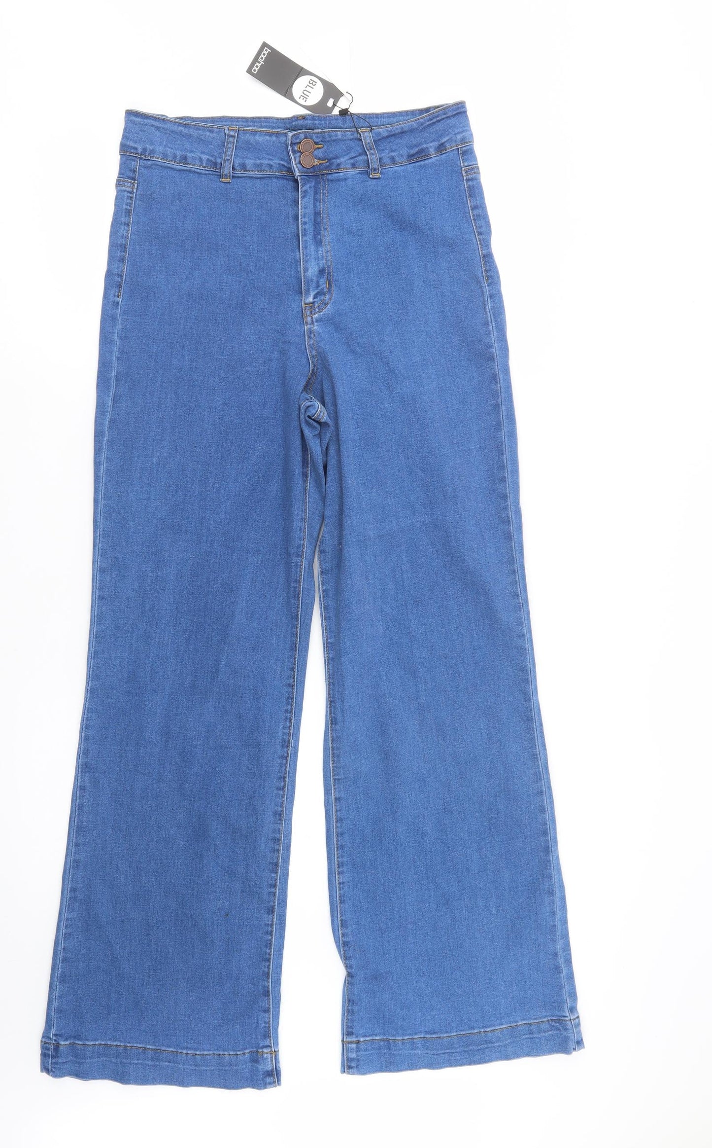 Boohoo Womens Blue  Cotton Wide-Leg Jeans Size 12 L32 in Regular Button