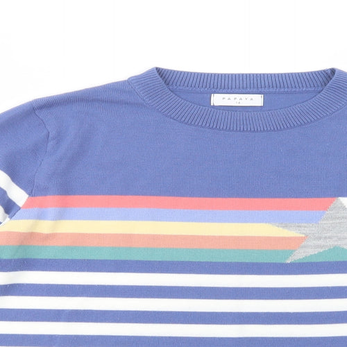 Papaya Womens Blue Crew Neck Striped Acrylic Pullover Jumper Size 14   - Star