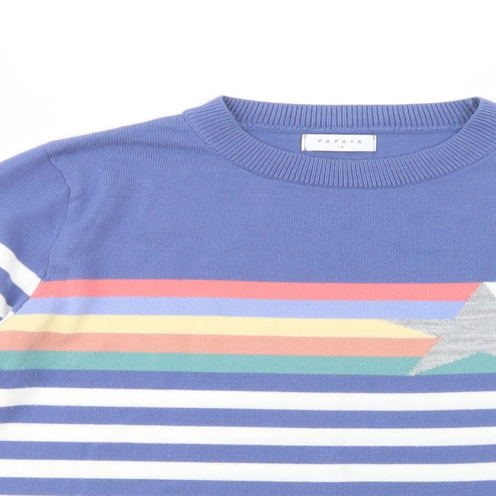 Papaya Womens Blue Crew Neck Striped Acrylic Pullover Jumper Size 14   - Star