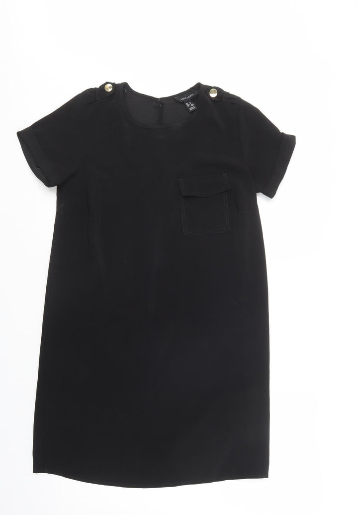 New Look Womens Black  Polyester Shift  Size 8  Crew Neck Button