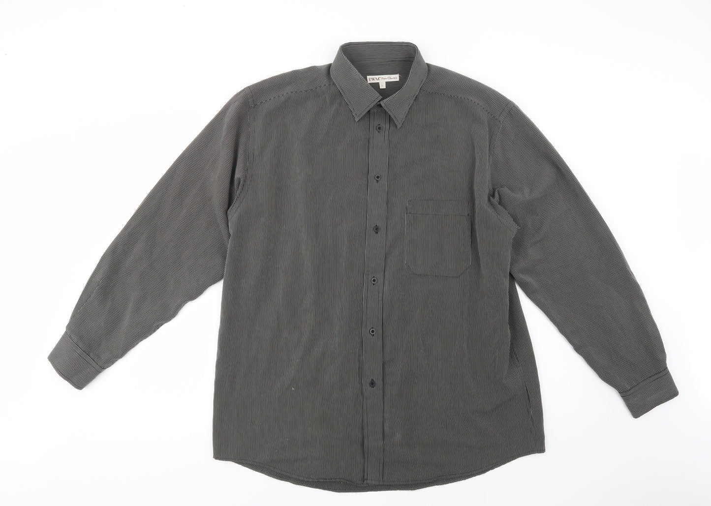 EWQM Mens Black Striped Polyester  Dress Shirt Size L Collared Button