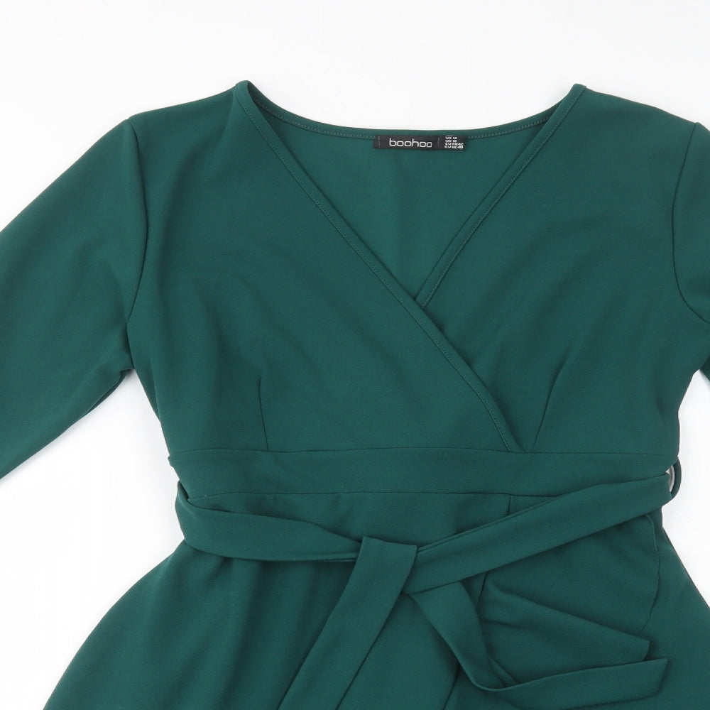 Boohoo Womens Green  Polyester Fit & Flare  Size 14  V-Neck Pullover