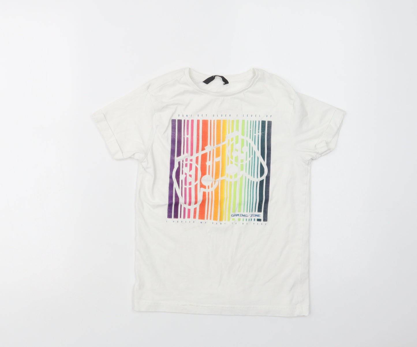 George Boys White  Cotton Basic T-Shirt Size 7-8 Years Crew Neck Pullover - Gaming