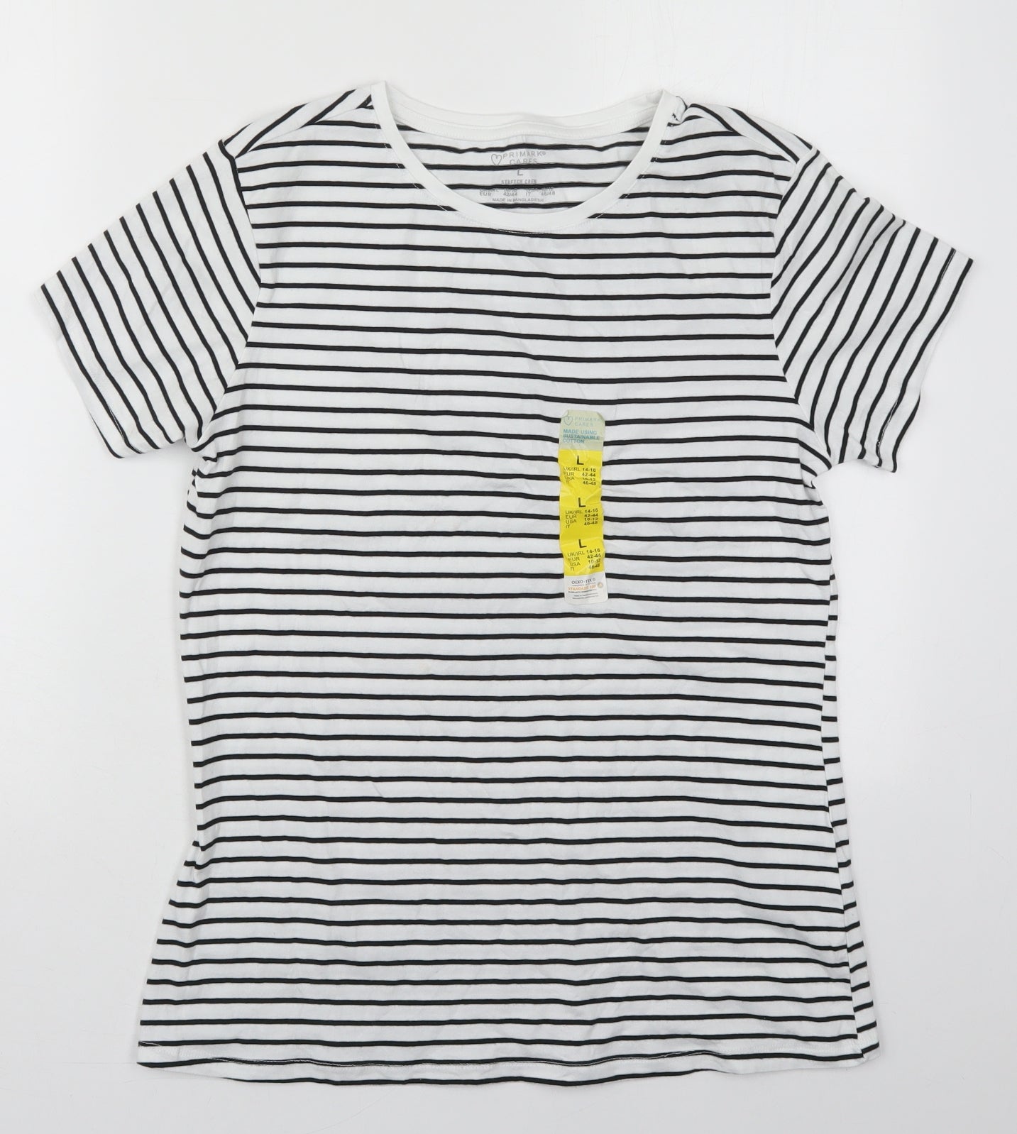 Primark Womens White Striped Cotton Basic T-Shirt Size 14 Crew Neck - Black and White