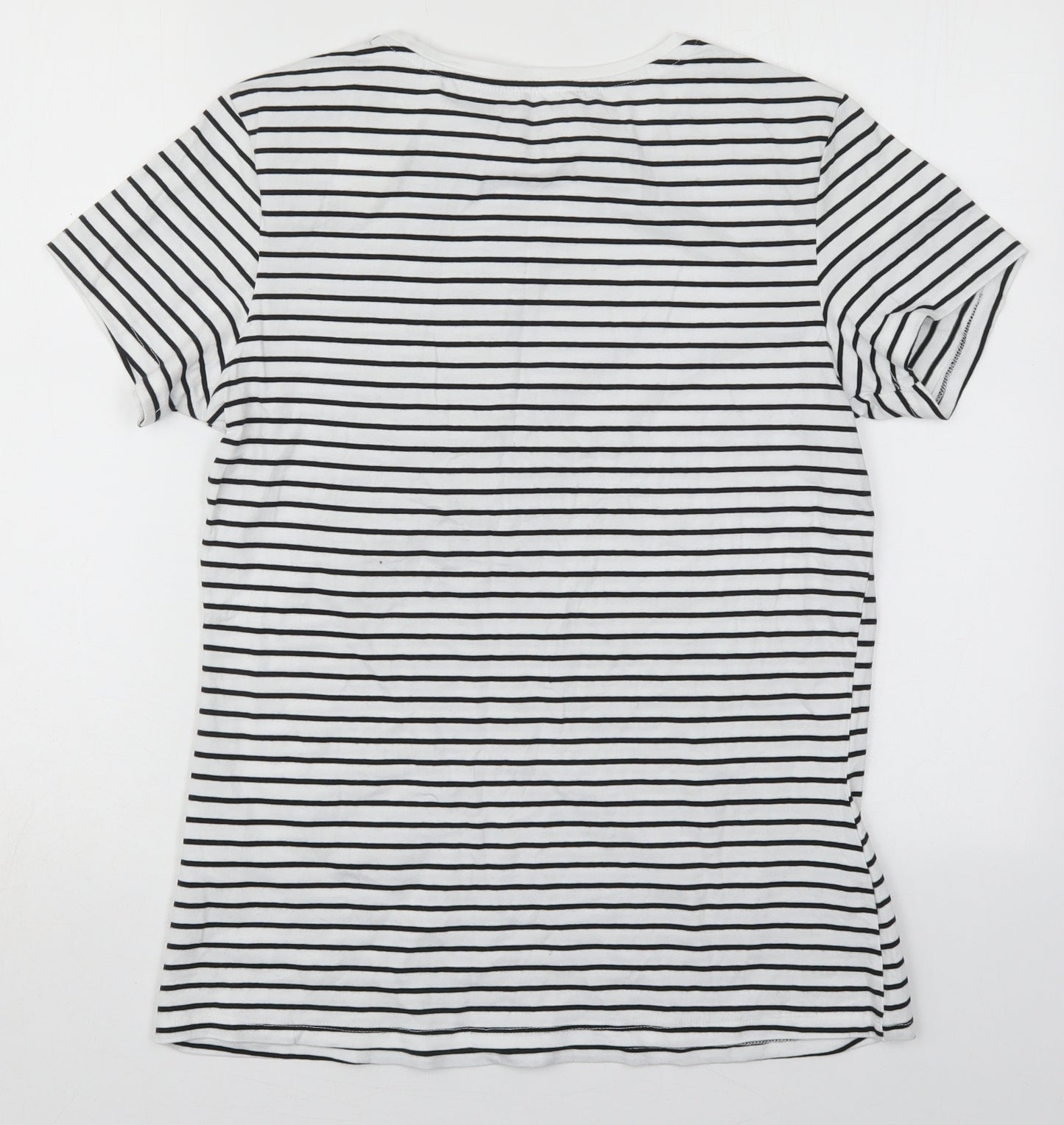 Primark Womens White Striped Cotton Basic T-Shirt Size 14 Crew Neck - Black and White