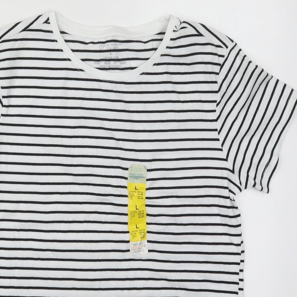 Primark Womens White Striped Cotton Basic T-Shirt Size 14 Crew Neck - Black and White