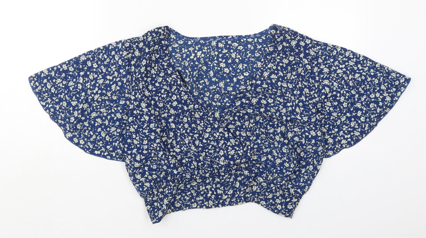 SheIn Womens Blue Floral Cotton Cropped Blouse Size L V-Neck
