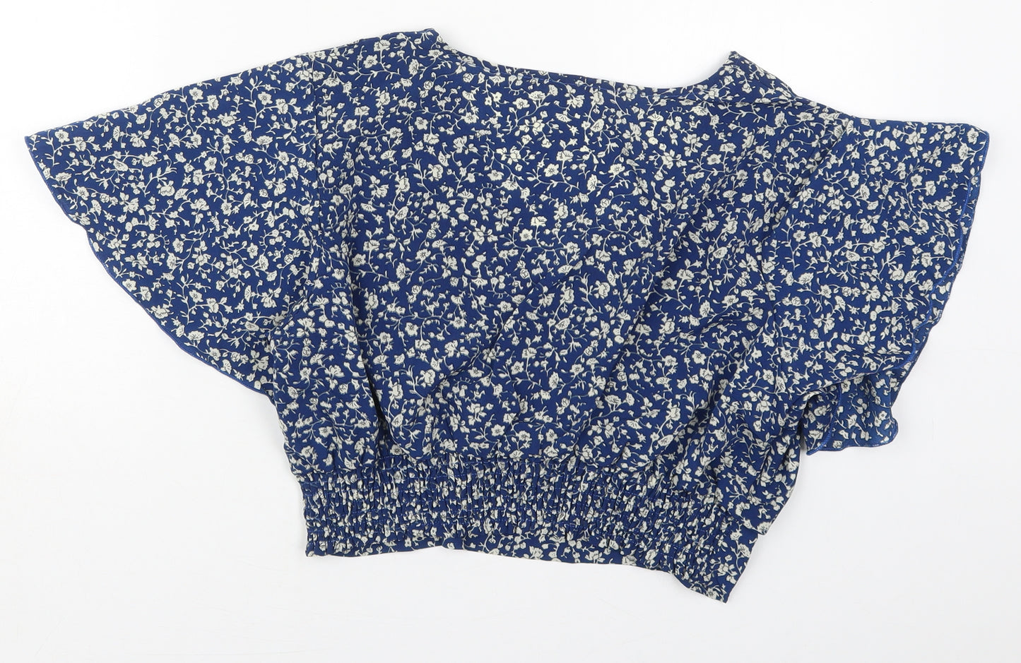 SheIn Womens Blue Floral Cotton Cropped Blouse Size L V-Neck