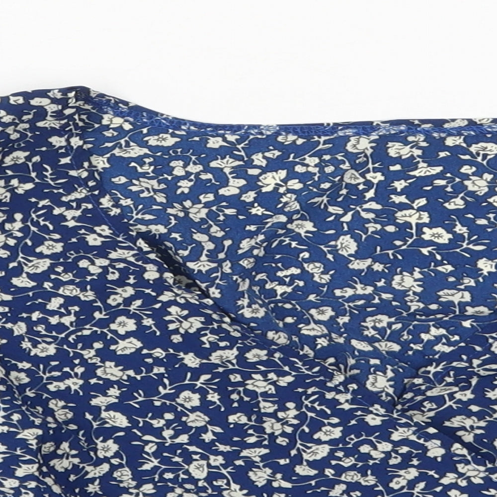 SheIn Womens Blue Floral Cotton Cropped Blouse Size L V-Neck