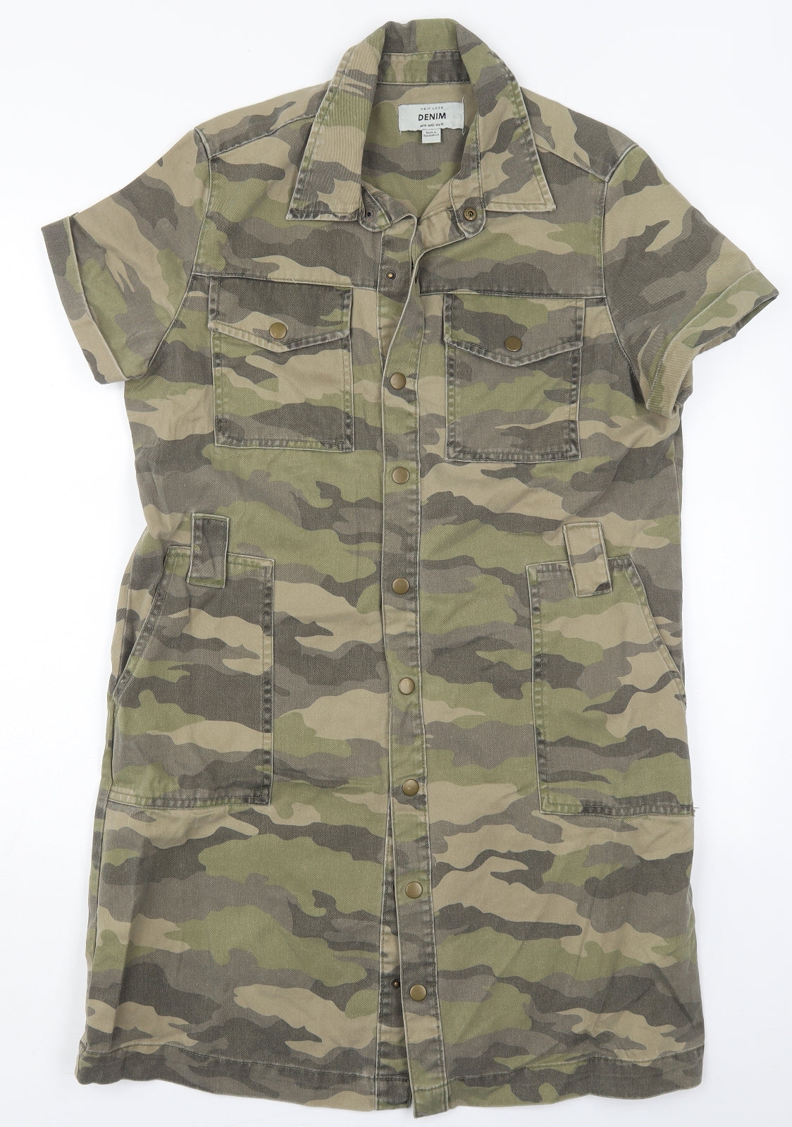New Look Womens Green Camouflage Cotton Shirt Dress  Size 14  Collared Button