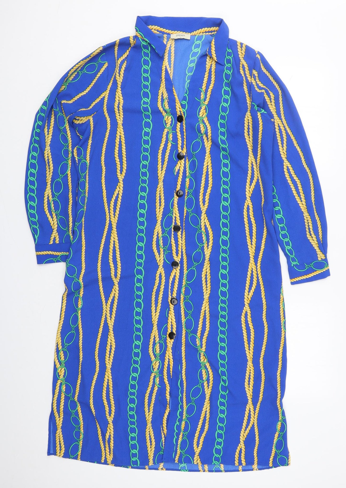 Papaya Womens Blue  Polyester Shirt Dress  Size 12  Collared Button - Rope and Chain Print