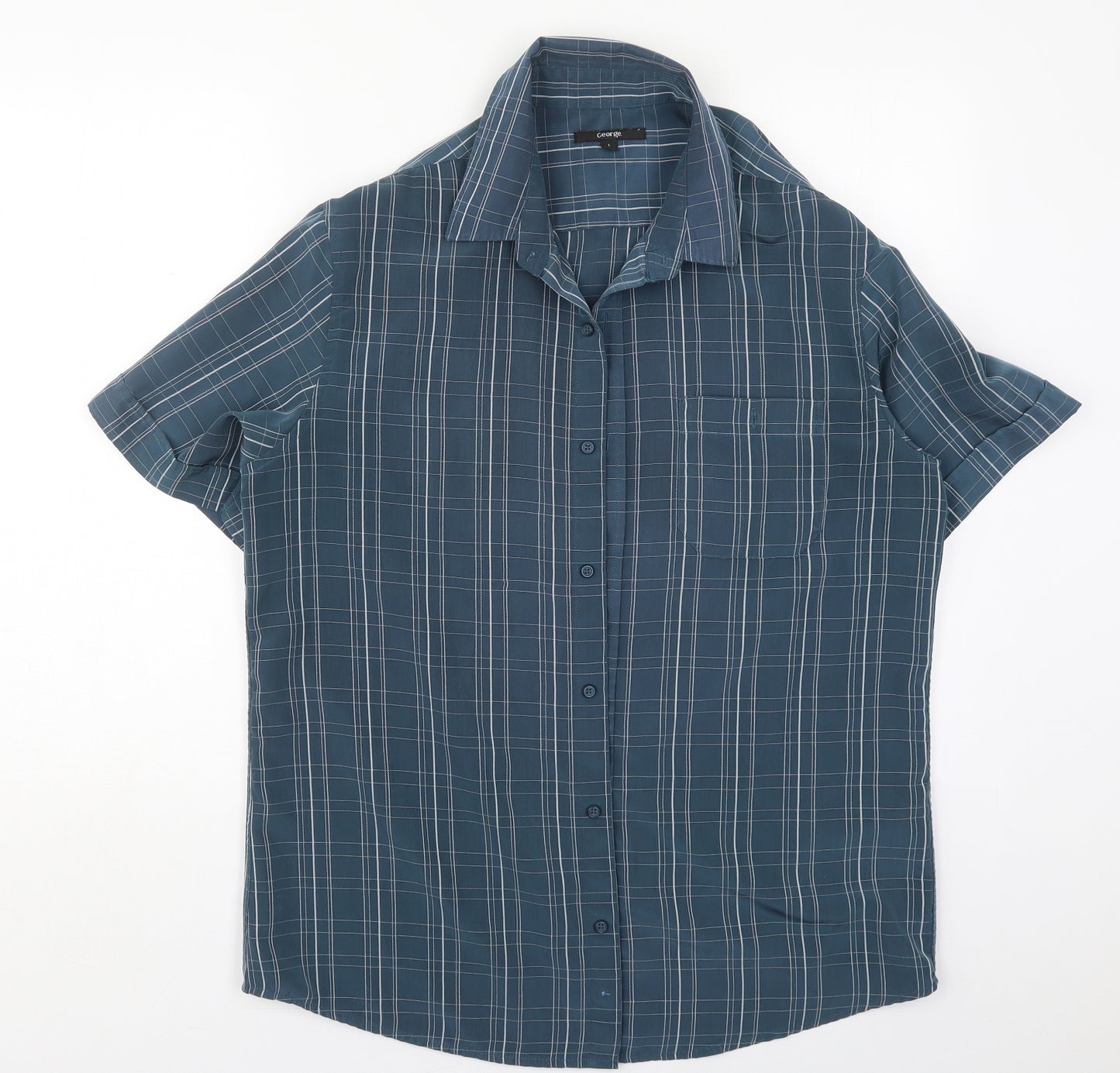 George Mens Blue Check Polyester  Button-Up Size L V-Neck Button