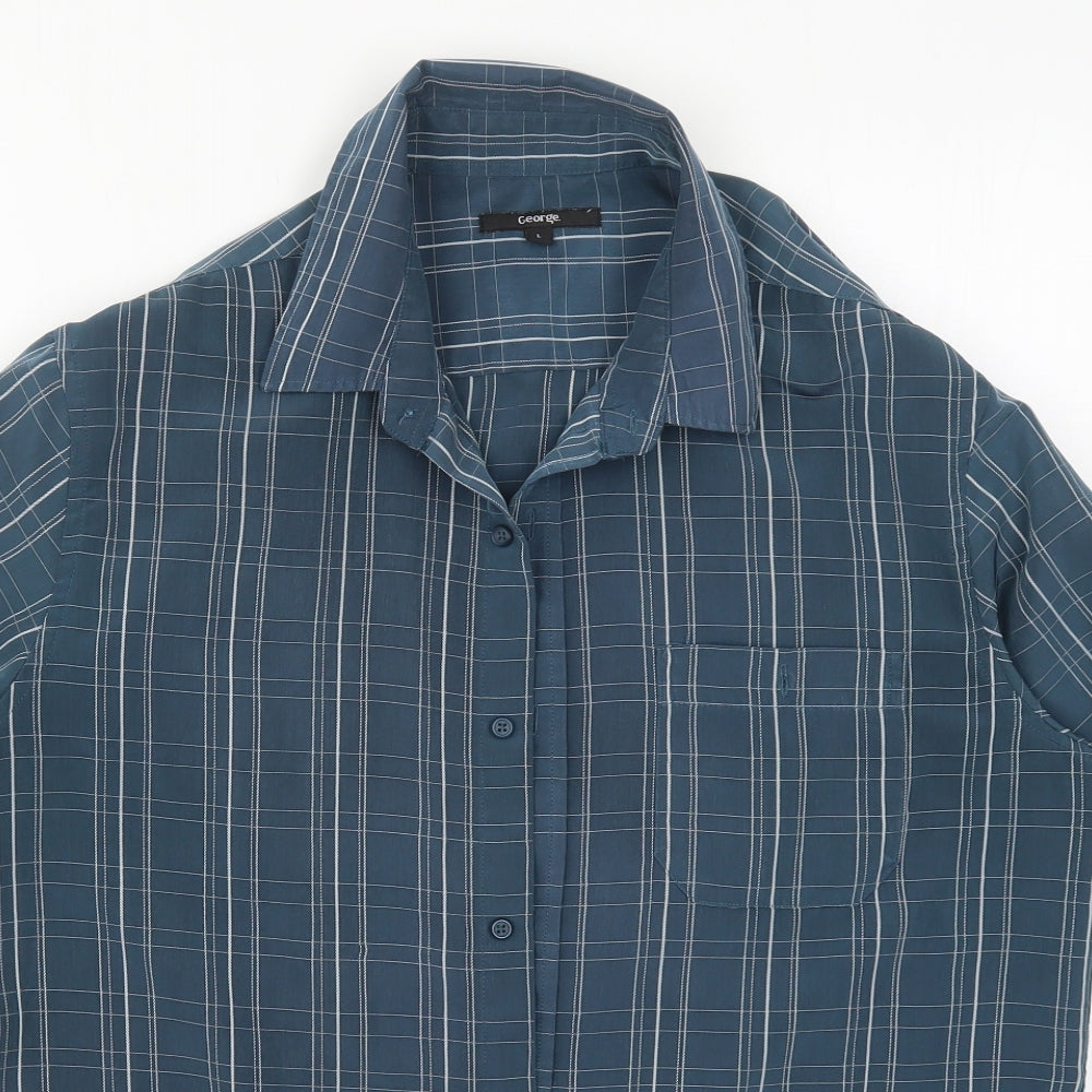 George Mens Blue Check Polyester  Button-Up Size L V-Neck Button