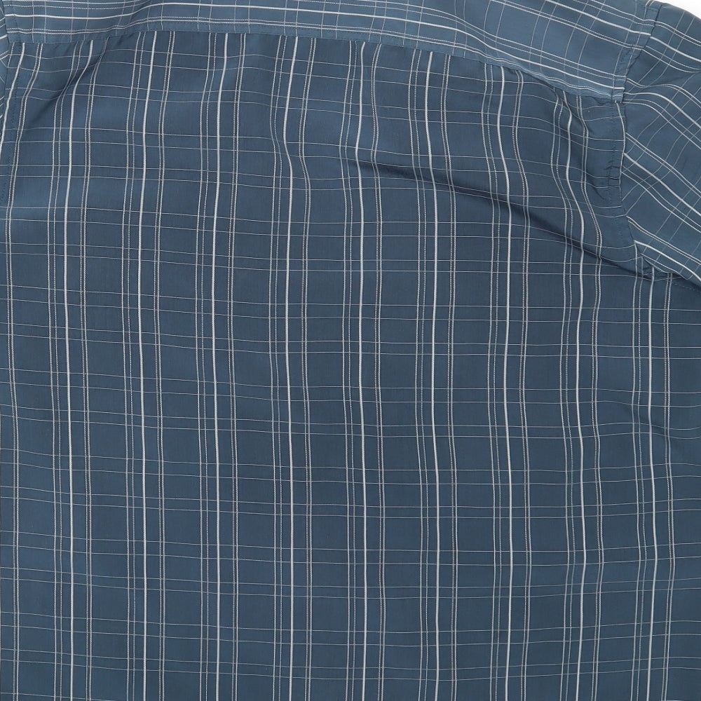 George Mens Blue Check Polyester  Button-Up Size L V-Neck Button
