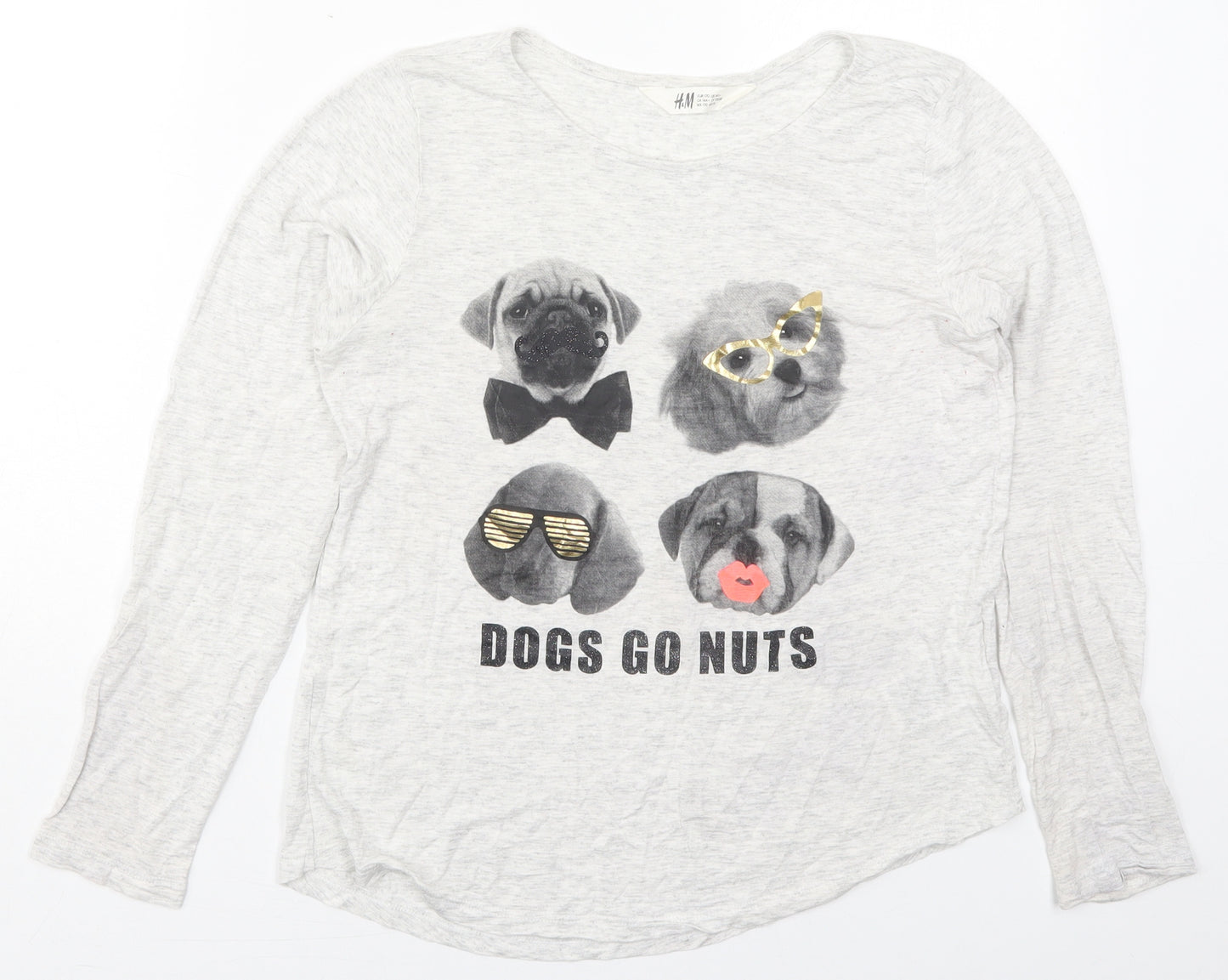 H&M Girls Grey  Viscose Basic T-Shirt Size 15 Years Crew Neck Pullover - Dogs Go Nuts