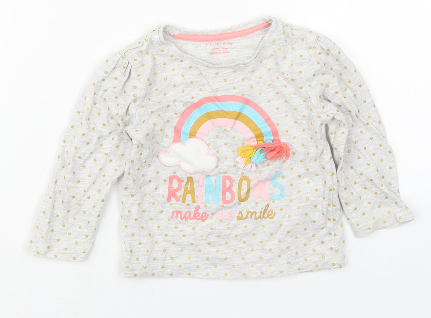 Primark Girls Grey Polka Dot Cotton Basic T-Shirt Size 9-12 Months Crew Neck Pullover - Rainbows Make Me Smile