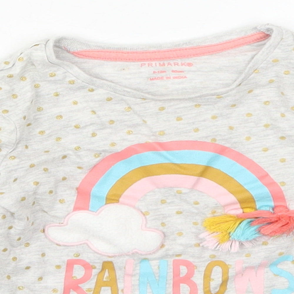 Primark Girls Grey Polka Dot Cotton Basic T-Shirt Size 9-12 Months Crew Neck Pullover - Rainbows Make Me Smile