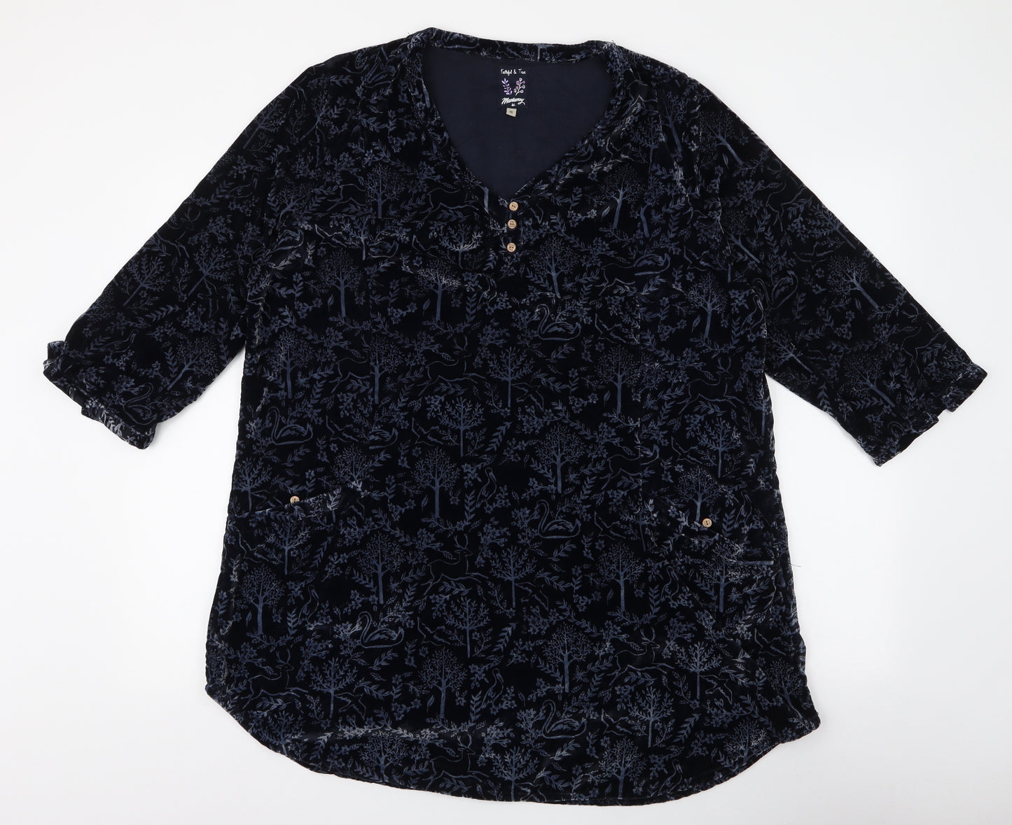 MANTARAY PRODUCTS Womens Blue Floral Polyester Jersey Blouse Size 18 V-Neck