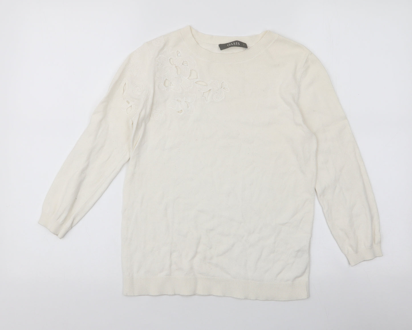 Oasis Womens Ivory Round Neck  Cotton Pullover Jumper Size S