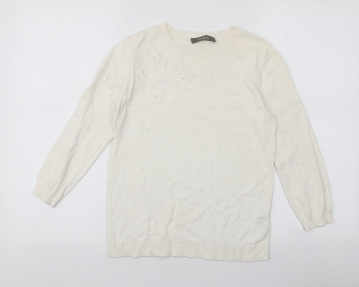 Oasis Womens Ivory Round Neck  Cotton Pullover Jumper Size S