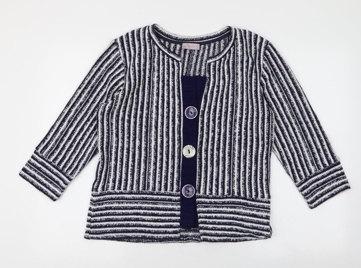 Per Una  Womens Blue Round Neck Striped Acrylic Cardigan Jumper Size M