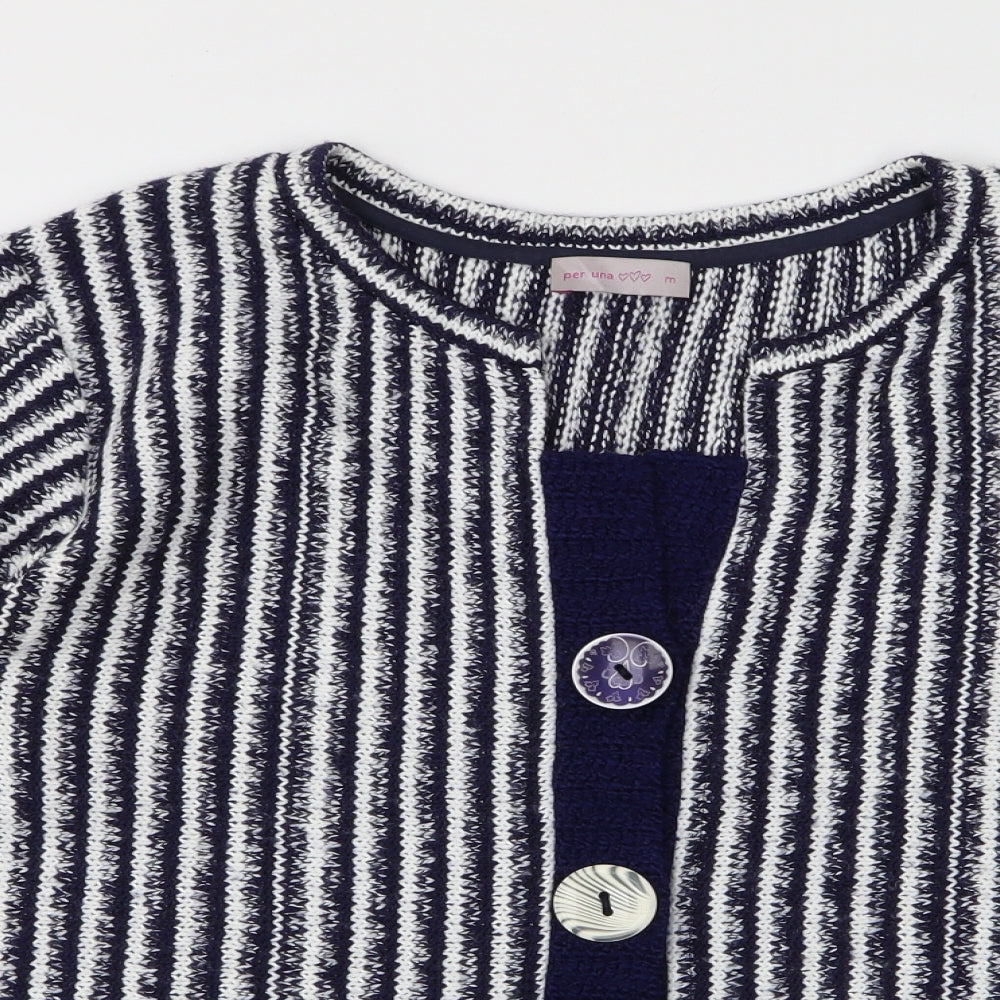 Per Una  Womens Blue Round Neck Striped Acrylic Cardigan Jumper Size M