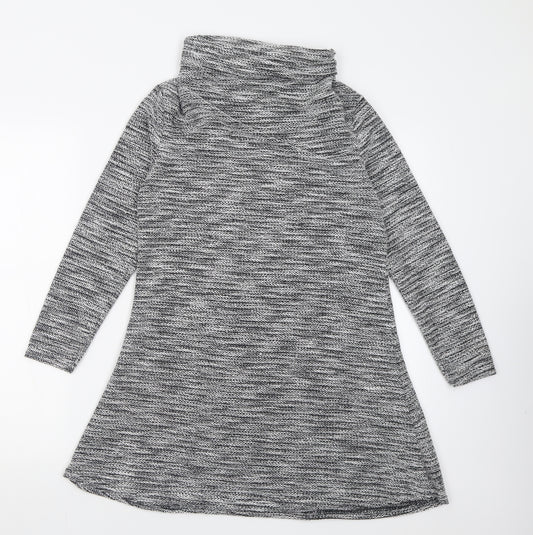 Front view of Miss Sassy women’s silver polyester fit & flare, size S, roll neck pullover