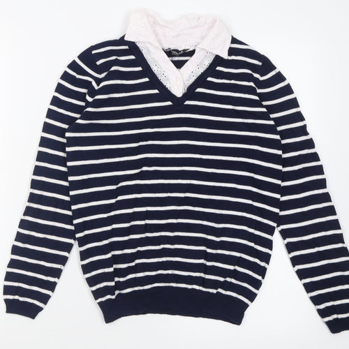 bonmarch Womens Blue Collared Striped Cotton Pullover Jumper Size 8