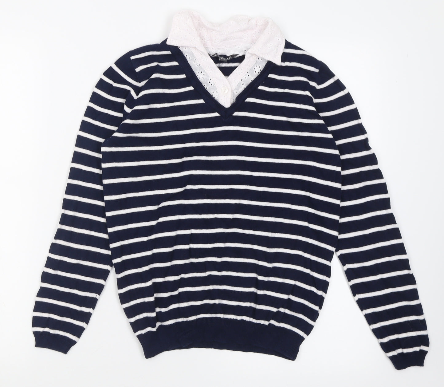 bonmarch Womens Blue Collared Striped Cotton Pullover Jumper Size 8