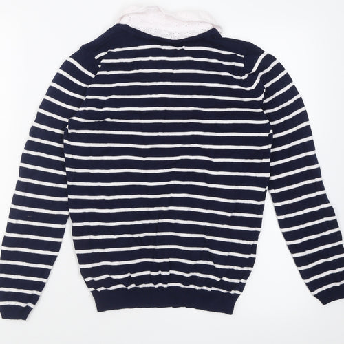 bonmarch Womens Blue Collared Striped Cotton Pullover Jumper Size 8