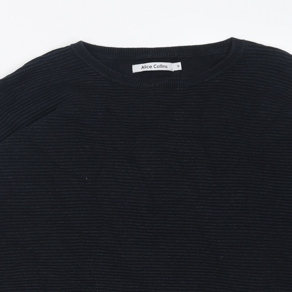 Alice Collins Womens Black Crew Neck Striped Viscose Pullover Jumper Size 12