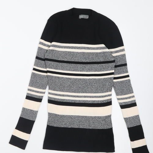 Papaya Womens Black Crew Neck Striped Polyamide Pullover Jumper Size 8   - ribbed fabric