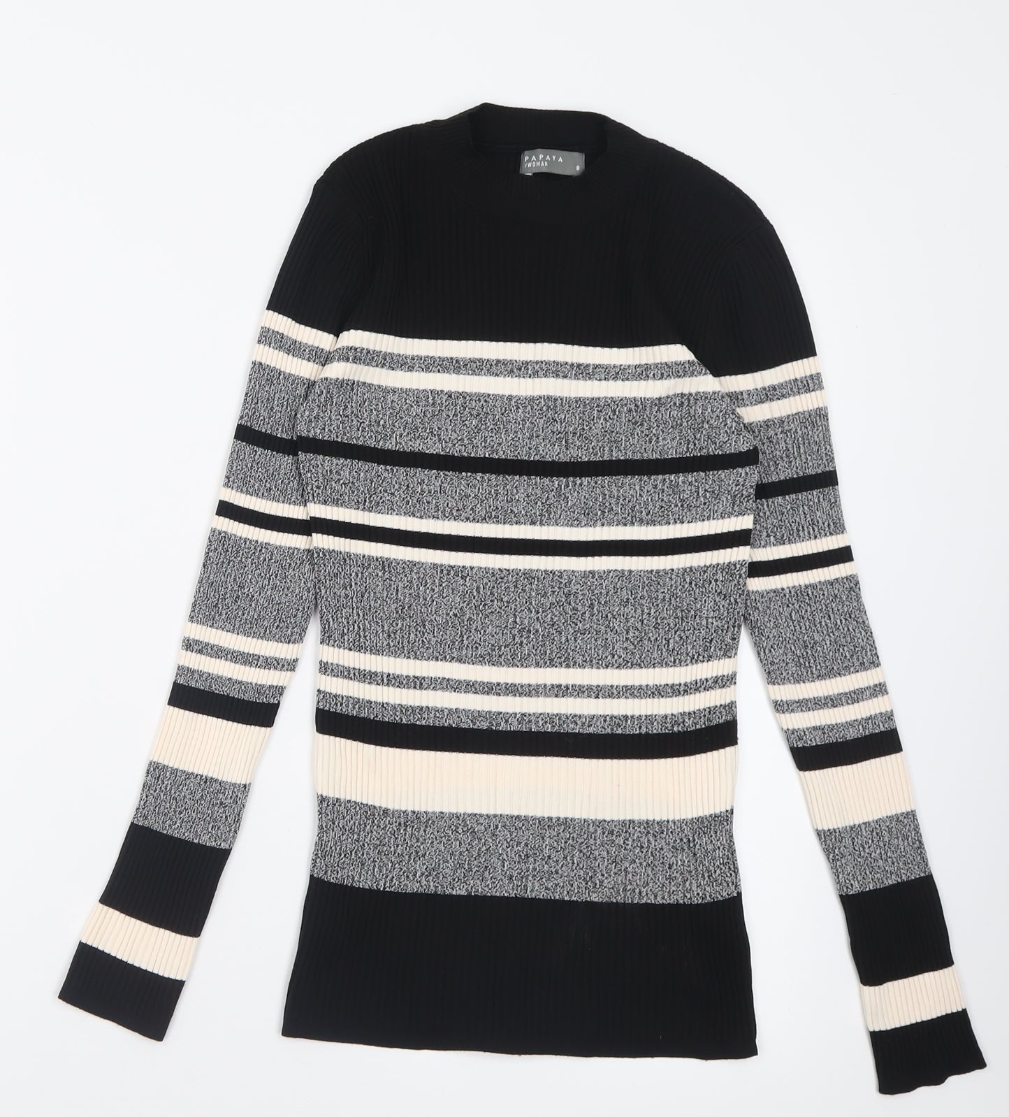 Papaya Womens Black Crew Neck Striped Polyamide Pullover Jumper Size 8   - ribbed fabric