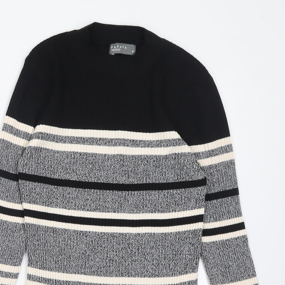 Papaya Womens Black Crew Neck Striped Polyamide Pullover Jumper Size 8   - ribbed fabric
