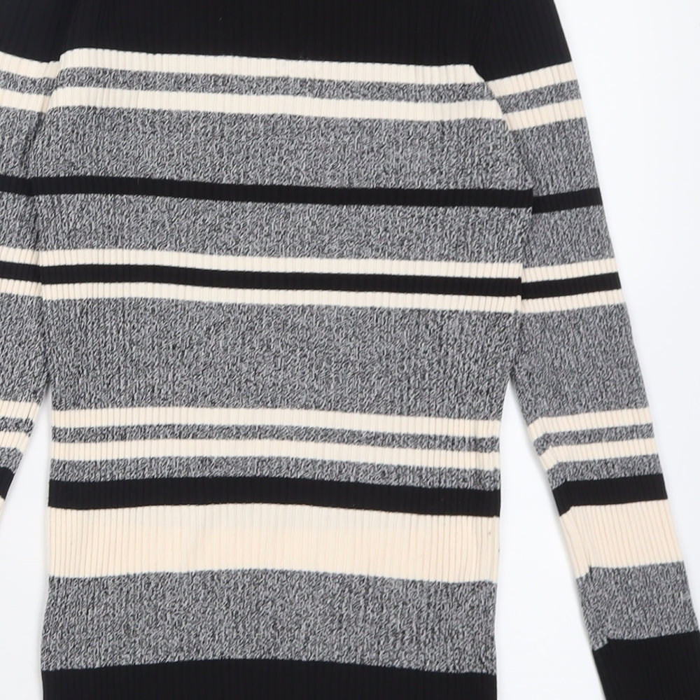 Papaya Womens Black Crew Neck Striped Polyamide Pullover Jumper Size 8   - ribbed fabric