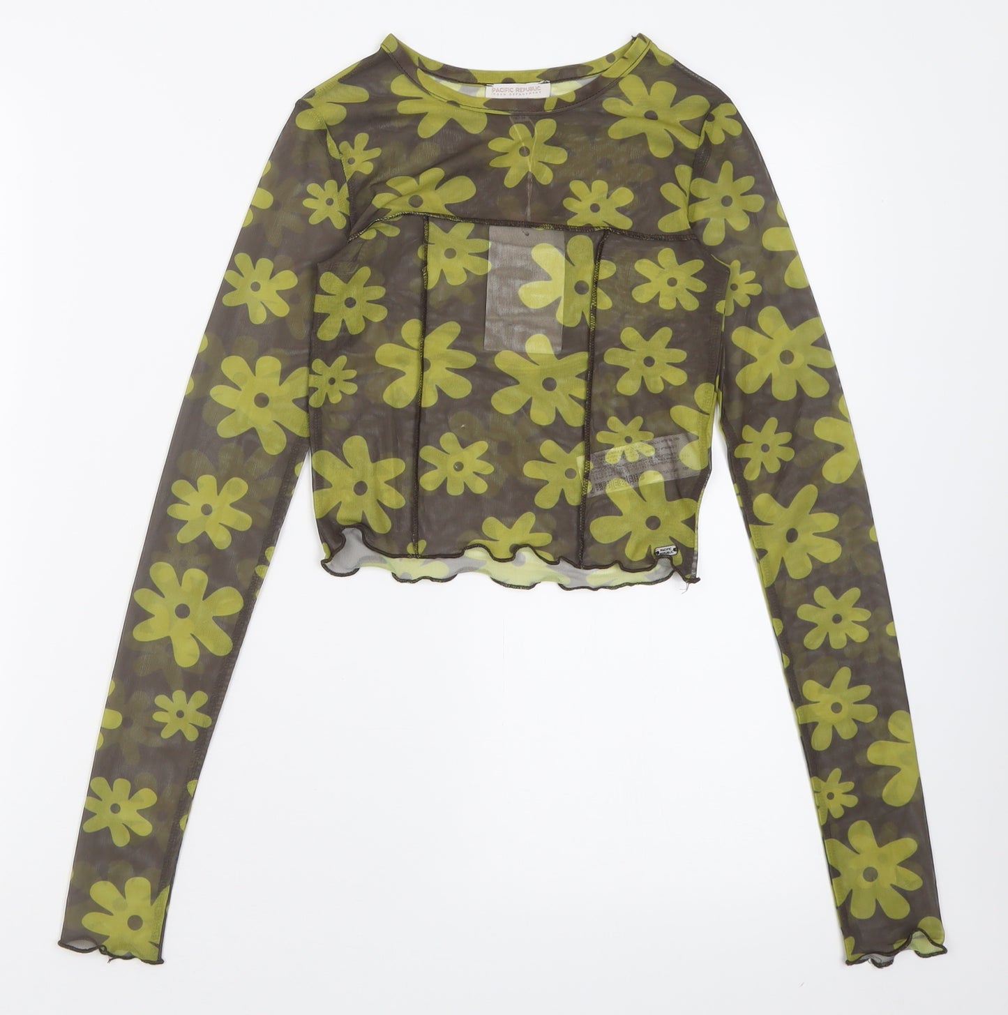 Pull&Bear Womens Green Floral Polyester Cropped T-Shirt Size XS Crew Neck