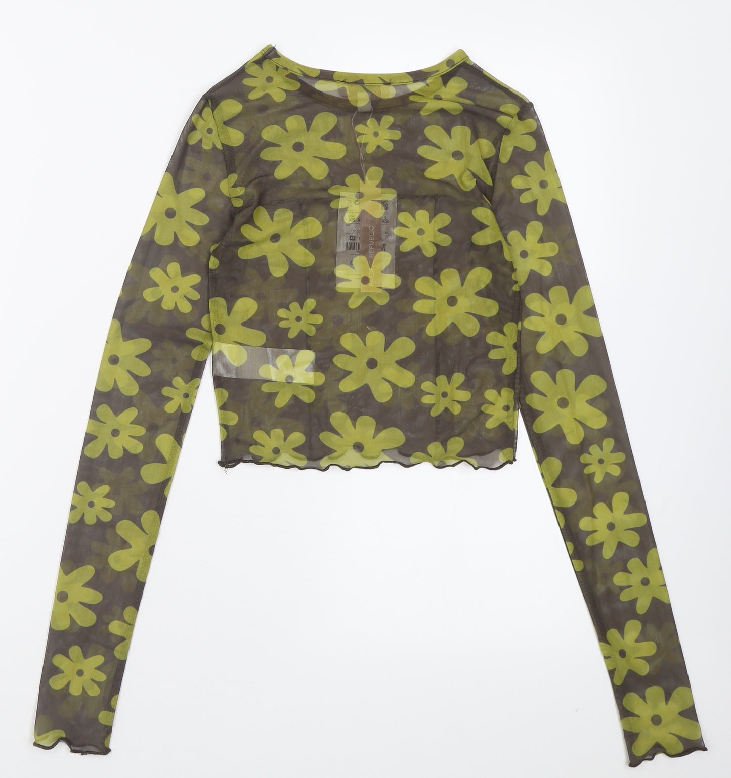 Pull&Bear Womens Green Floral Polyester Cropped T-Shirt Size XS Crew Neck