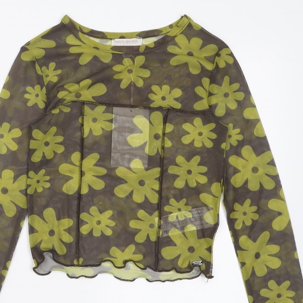Pull&Bear Womens Green Floral Polyester Cropped T-Shirt Size XS Crew Neck