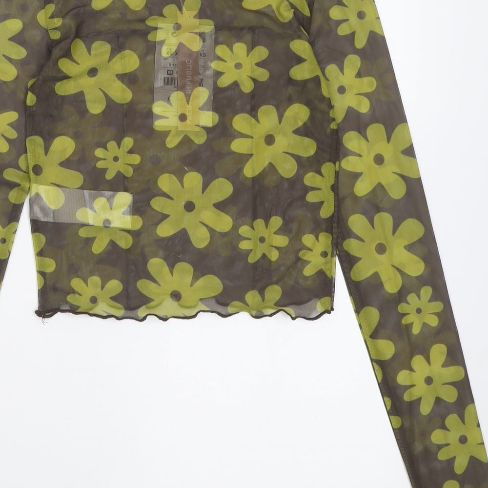 Pull&Bear Womens Green Floral Polyester Cropped T-Shirt Size XS Crew Neck