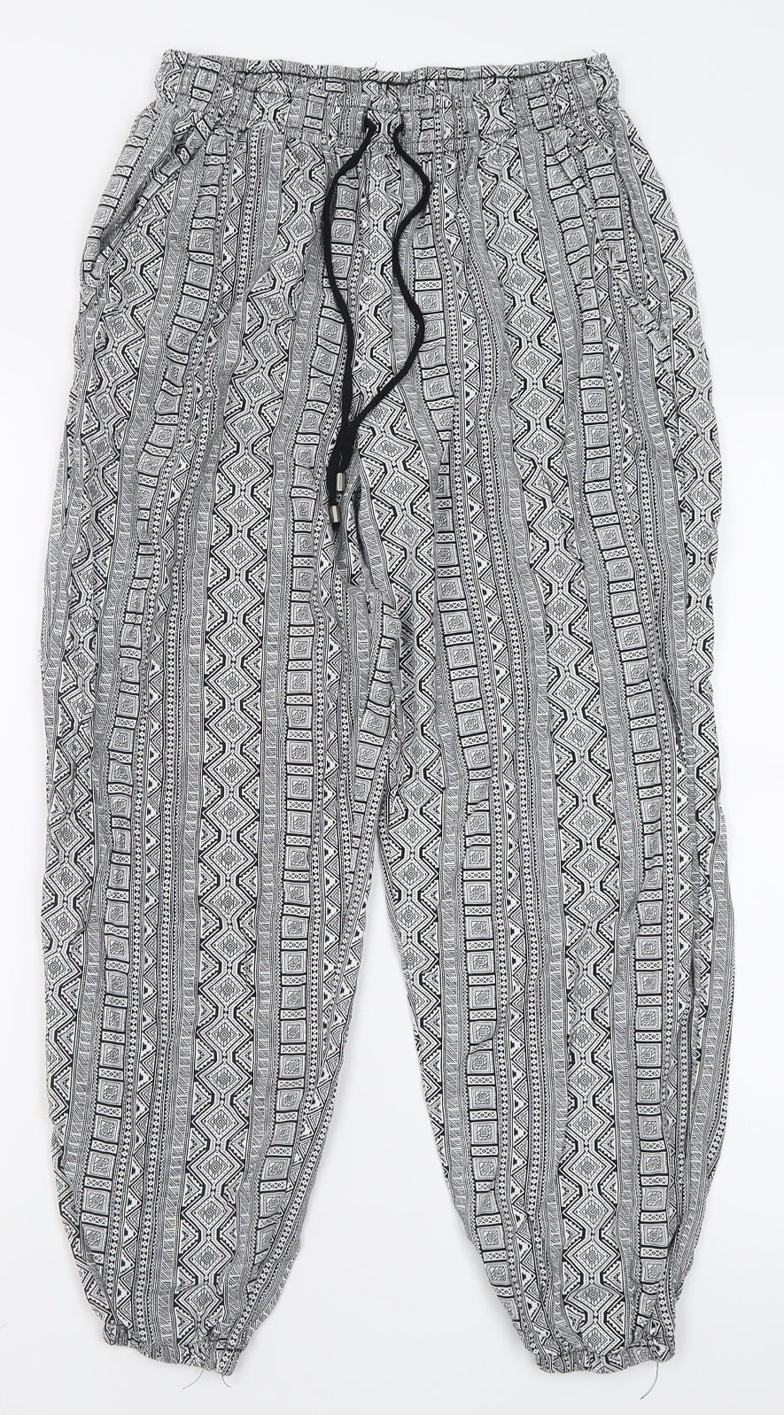 Primark Womens Black Geometric Viscose Trousers  Size 12 L28 in Regular Tie