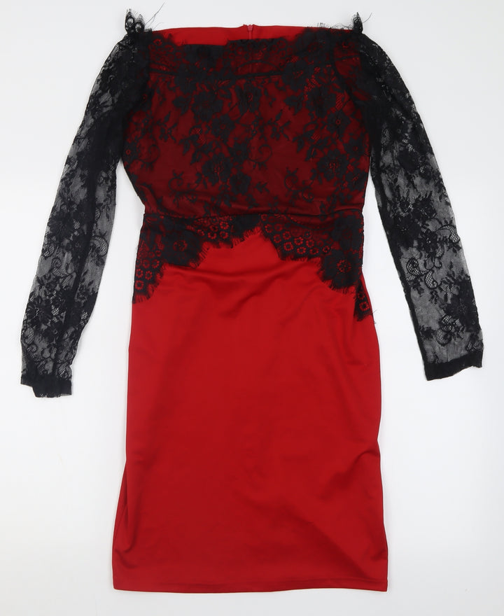 Preworn Womens Red Cotton Bodycon Size L Off the Shoulder Zip - Lace Detail