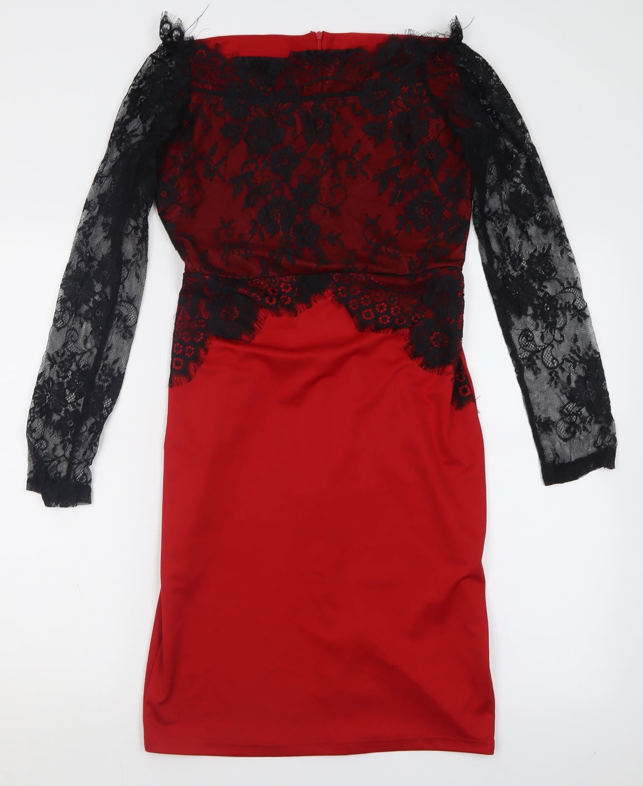 Preworn Womens Red  Cotton Bodycon  Size L  Off the Shoulder Zip - Lace Detail